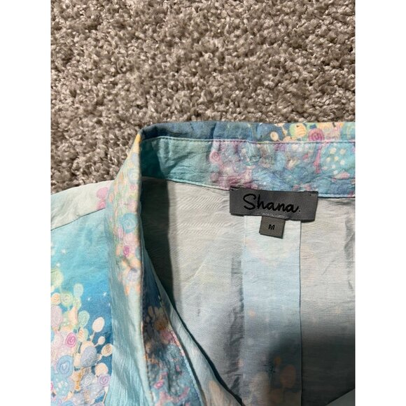 Shana Size Medium Fairy Tale Trees Button Up Aqua Blue Long Sleeve Coastal Shirt - Picture 9 of 14